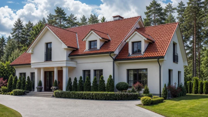 Privātmāja ar slīpu jumtu un zaļu apkārtni